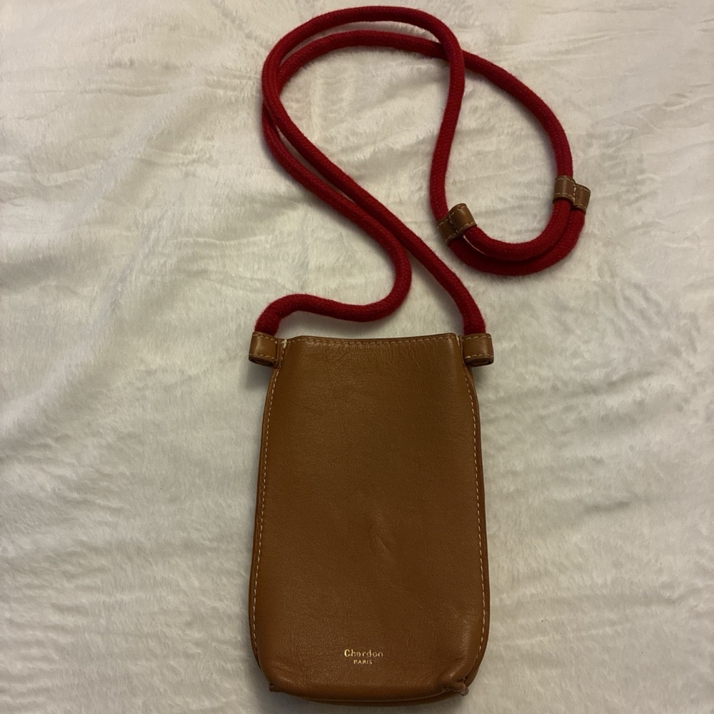 Chardon Paris Brown Leather Pouch with Red Strap